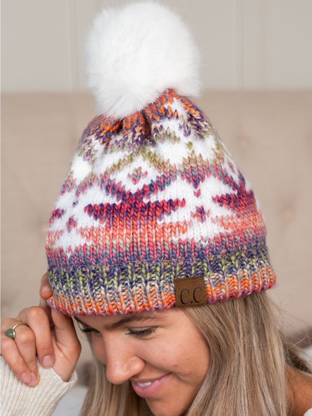 C.C Rose Mix Multi Yarn Aztec Beanie Hat with Ivory Fur